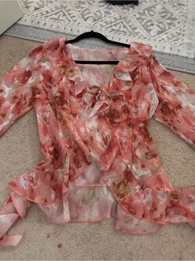 Floral Ruffle Tie-Front Blouse - Pink Coral